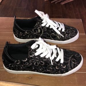 Aldo| Women Sneakers| Size 7| Black Suede Texture w Gold flowers